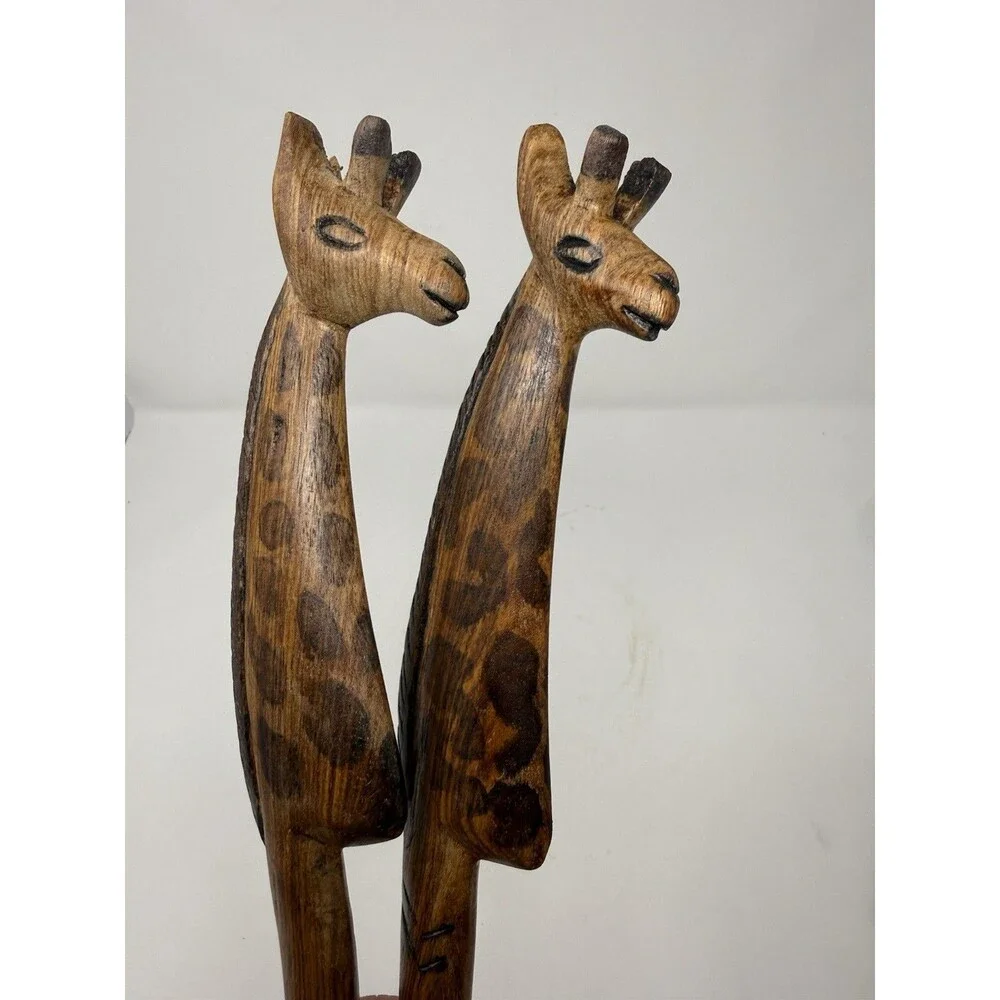 5pc Wood Serving Set 12in Bowl Spoon Fork Carved Giraffe Handles African